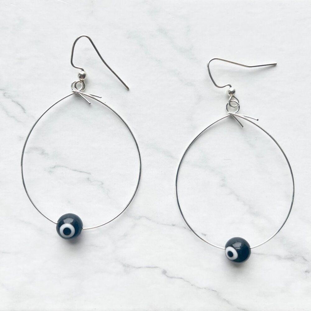 Silver Wire Tear Drop Earrings with Black Evil Eye Glass Bead